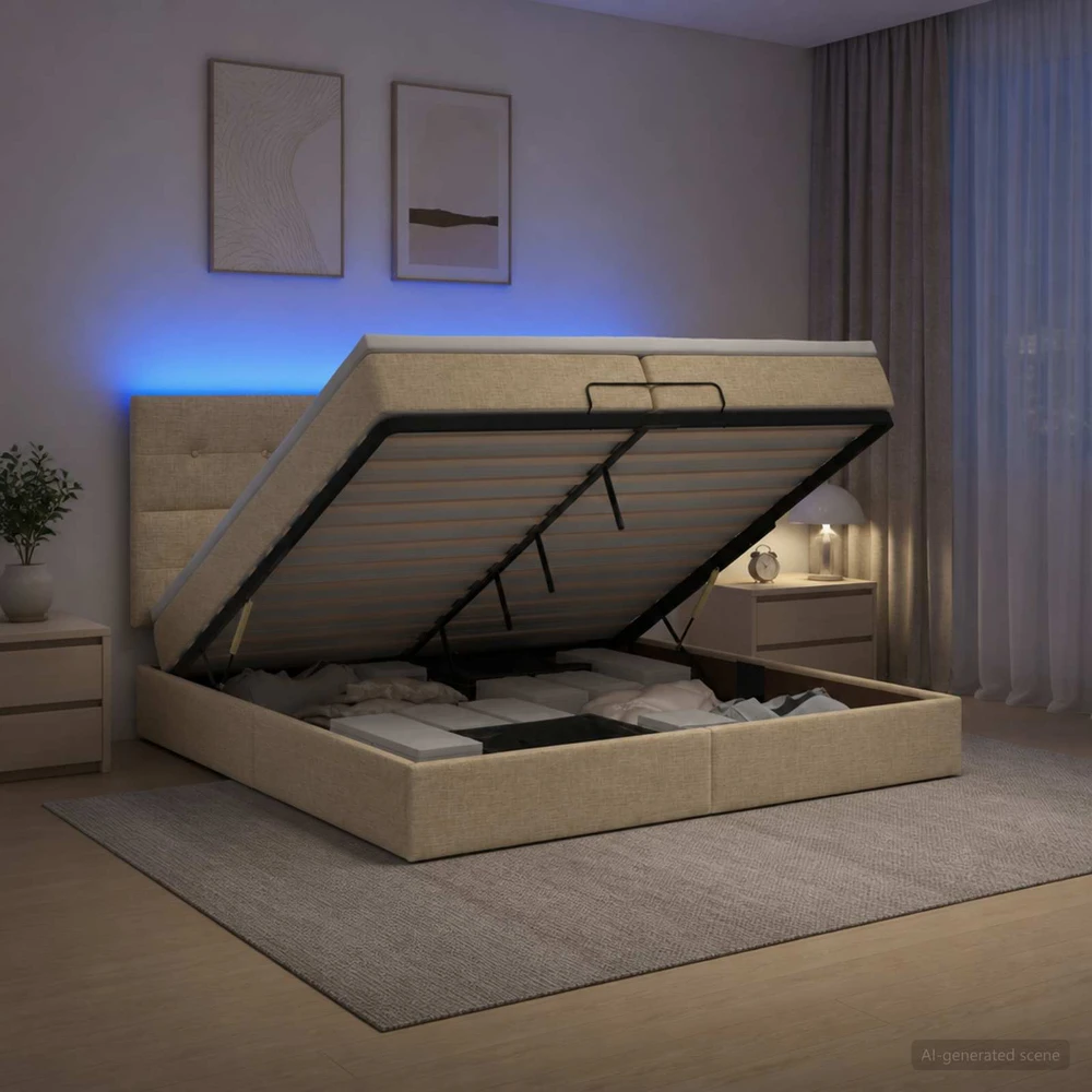 Otmana lova su matracsu ir LED Kreminė 200 x 200 cm Audinys