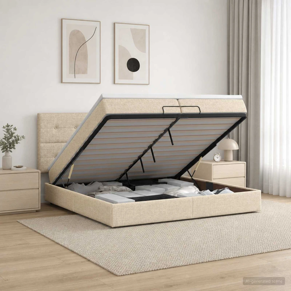 Otmana lova su matracsu ir LED Kreminė 200 x 200 cm Audinys