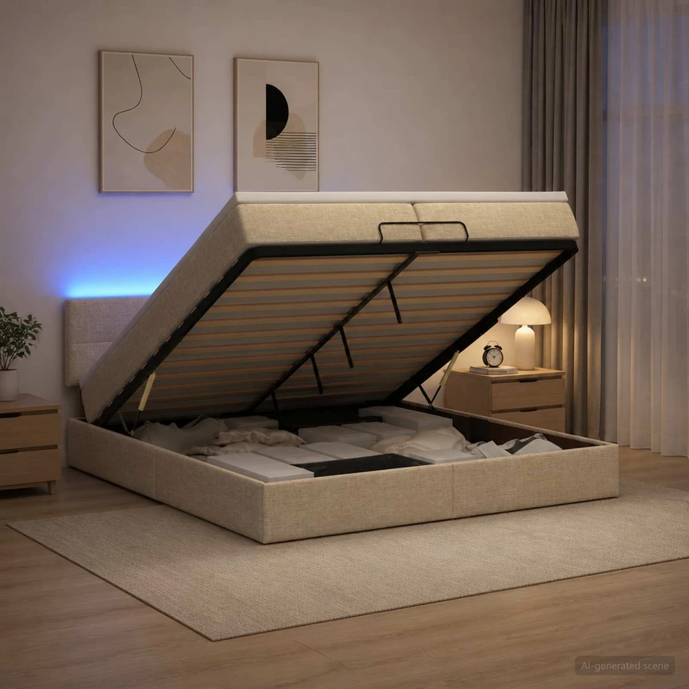 Otmana lova su matracsu ir LED Kreminė 200 x 200 cm Audinys