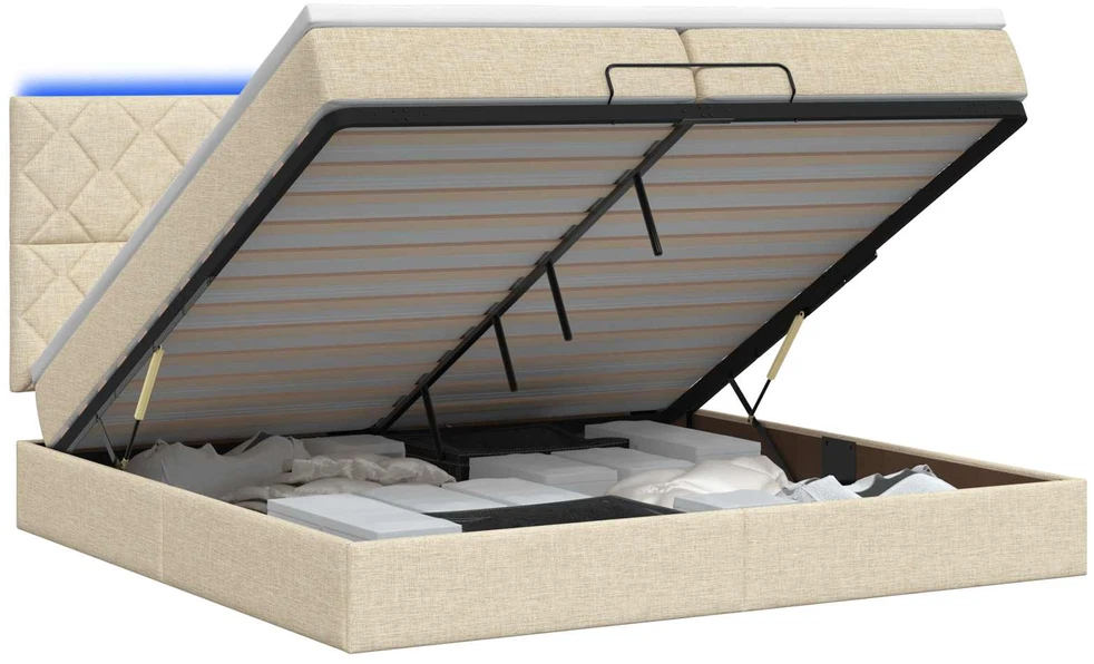 Otmana lova su matracsu ir LED Kreminė 200 x 200 cm Audinys