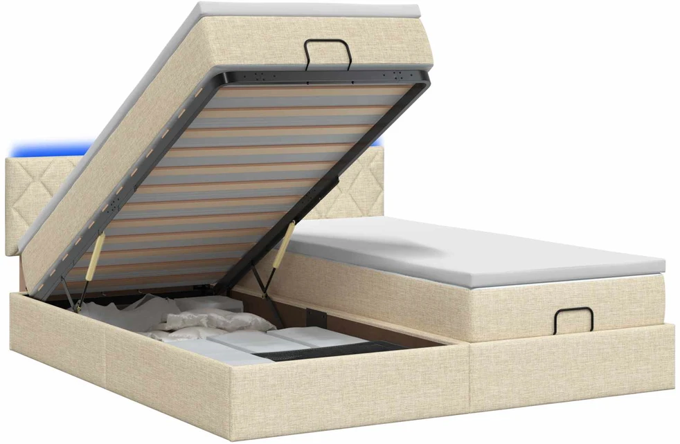 Otmana lova su matracsu ir LED Kreminė 200 x 200 cm Audinys