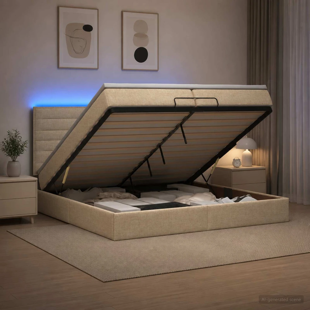 Otmana lova su matracsu ir LED Kreminė 200 x 200 cm Audinys