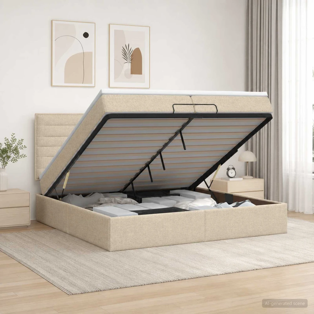 Otmana lova su matracsu ir LED Kreminė 200 x 200 cm Audinys