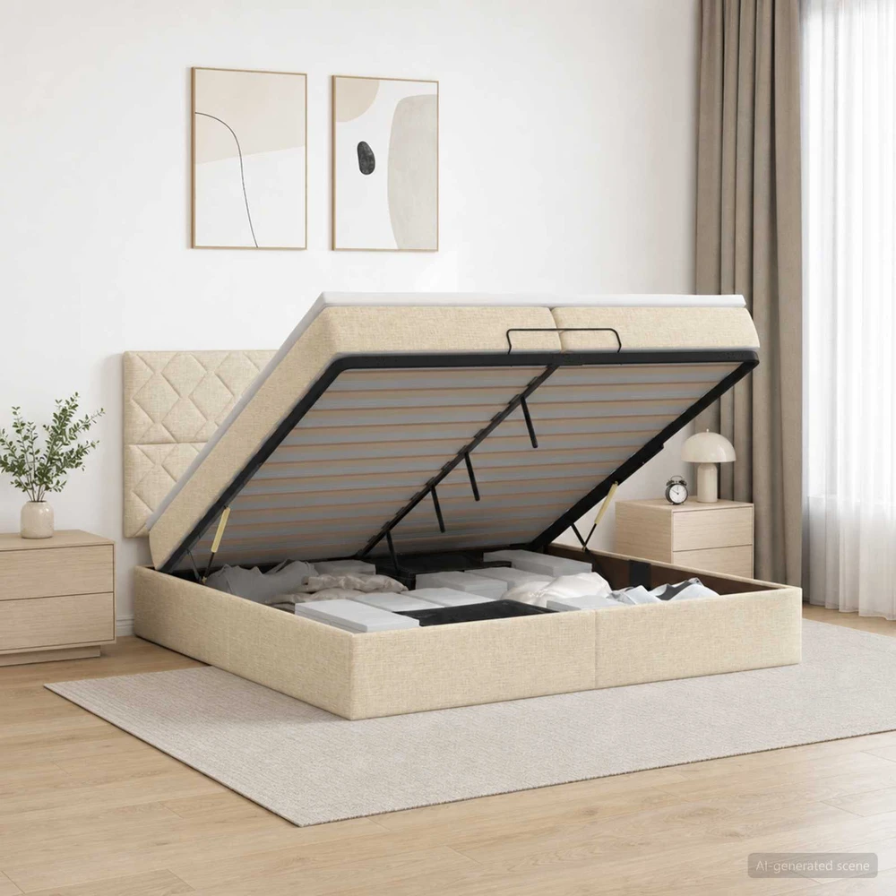 Otmana lova su matracsu ir LED Kreminė 200 x 200 cm Audinys
