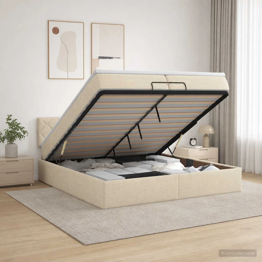Otmana lova su matracsu ir LED Kreminė 200 x 200 cm Audinys