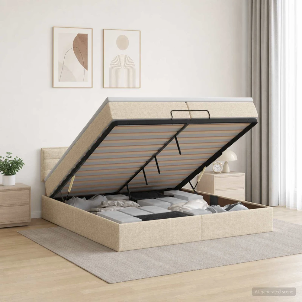 Otmana lova su matracsu ir LED Kreminė 200 x 200 cm Audinys