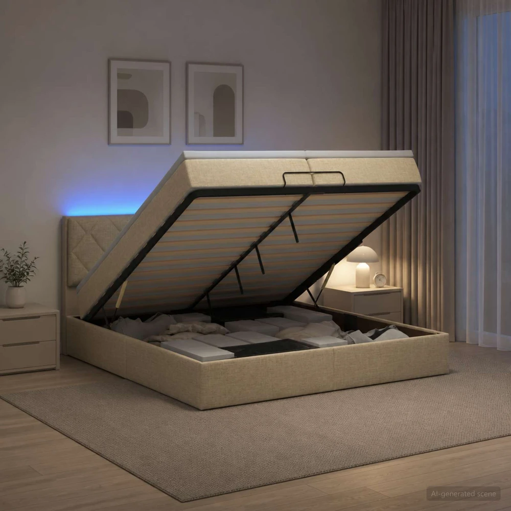 Otmana lova su matracsu ir LED Kreminė 200 x 200 cm Audinys