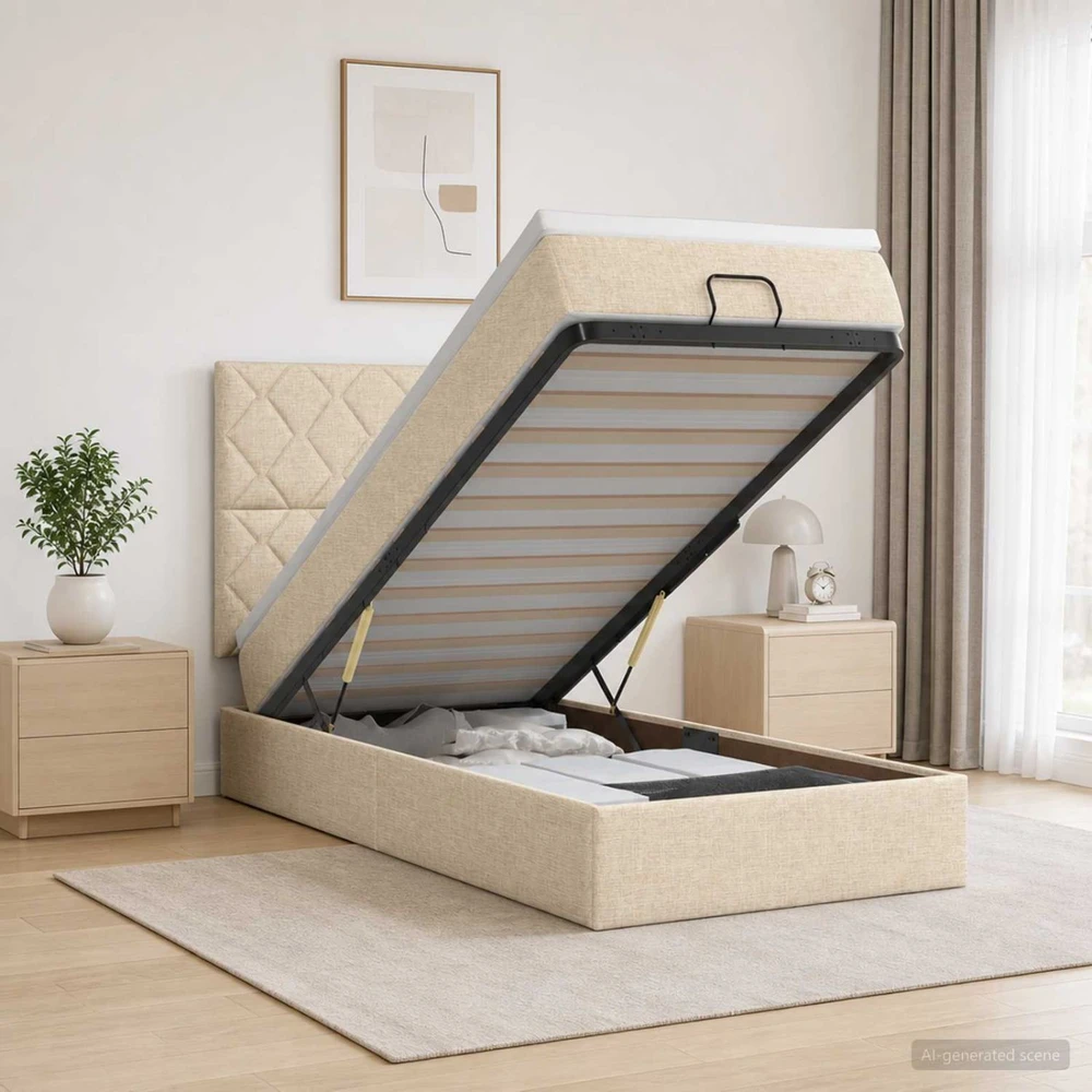 Otmana lova su matracsu ir LED Kreminė 90 x 200 cm Audinys
