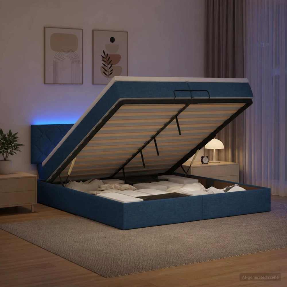 Otmana lova su matracsu ir LED Mėlyna 200 x 200 cm Audinys