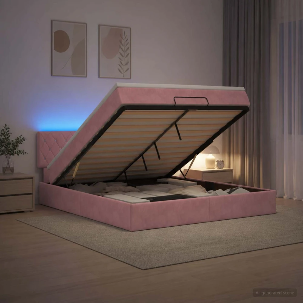 Otmana lova su matracsu ir LED Rožinė 140 x 190 cm Aksomas