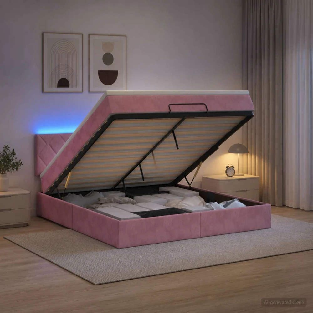 Otmana lova su matracsu ir LED Rožinė 140 x 190 cm Aksomas