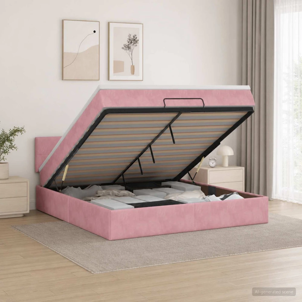 Otmana lova su matracsu ir LED Rožinė 160 x 200 cm Aksomas