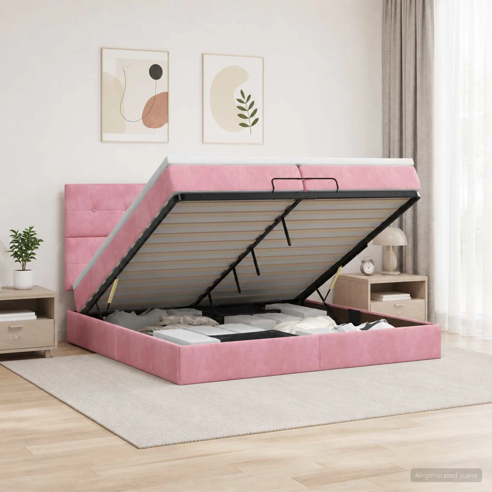 Otmana lova su matracsu ir LED Rožinė 200 x 200 cm Aksomas