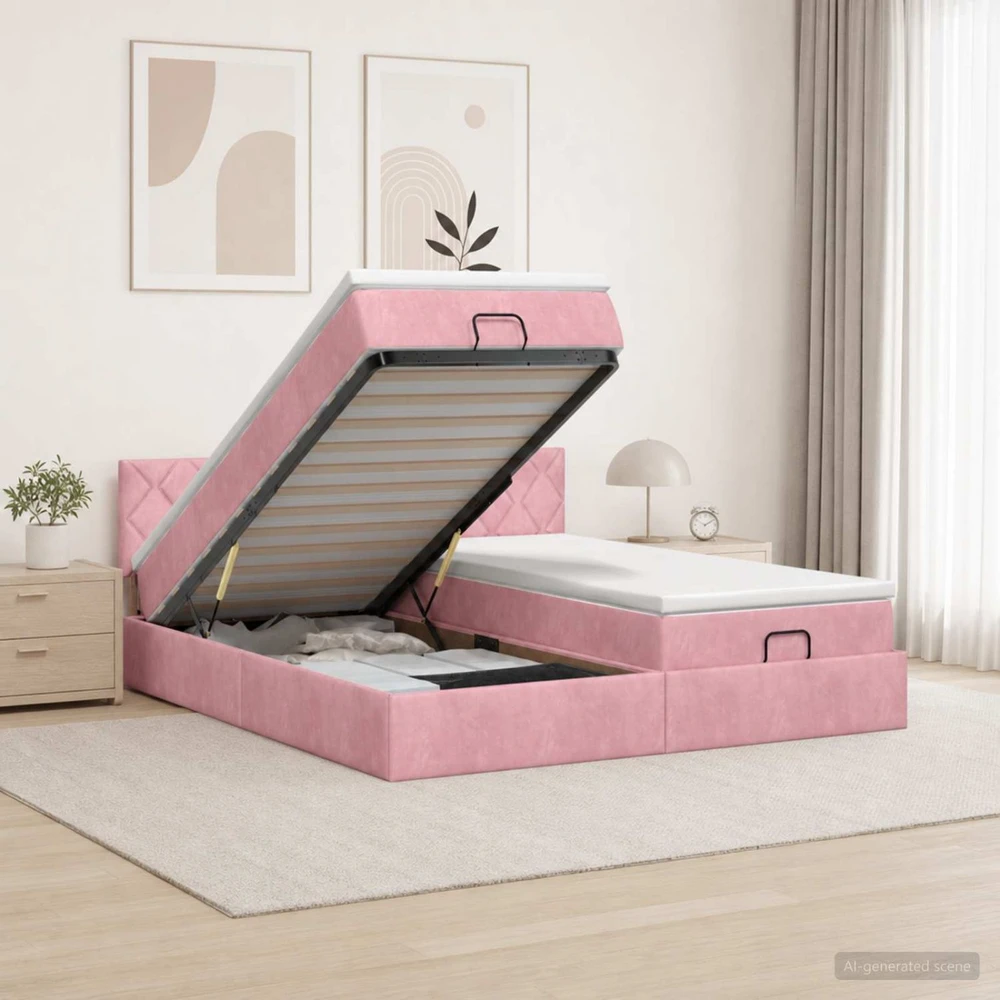 Otmana lova su matracsu ir LED Rožinė 200 x 200 cm Aksomas