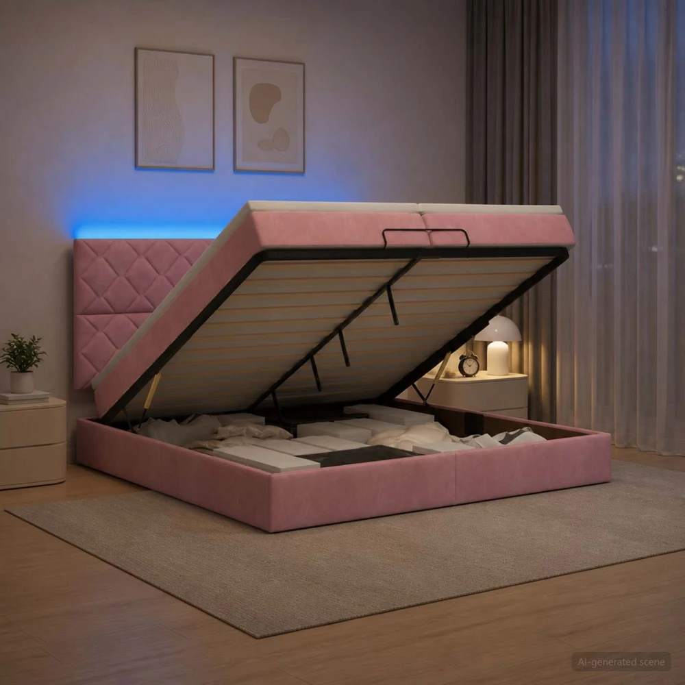 Otmana lova su matracsu ir LED Rožinė 200 x 200 cm Aksomas