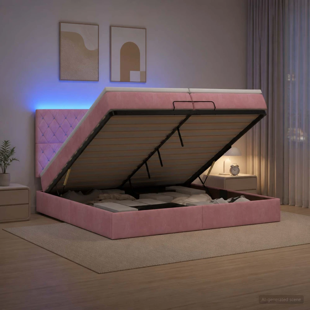Otmana lova su matracsu ir LED Rožinė 200 x 200 cm Aksomas