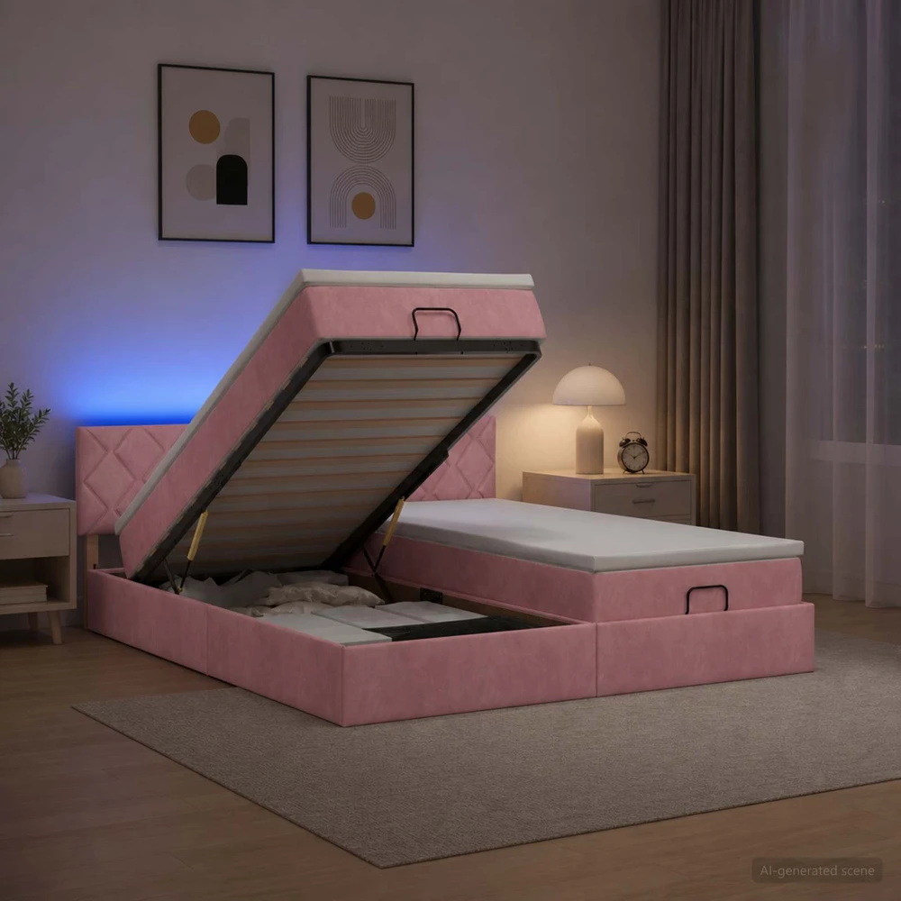 Otmana lova su matracsu ir LED Rožinė 200 x 200 cm Aksomas