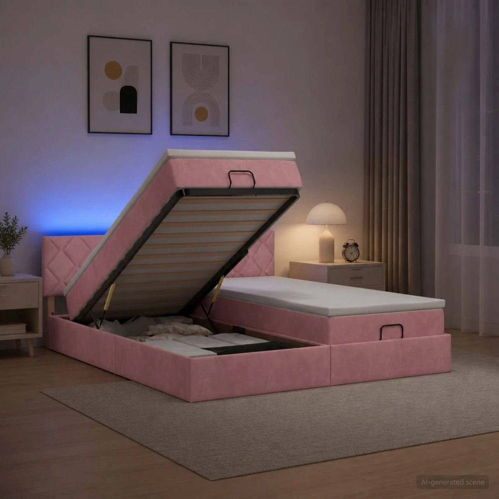 Otmana lova su matracsu ir LED Rožinė 200 x 200 cm Aksomas