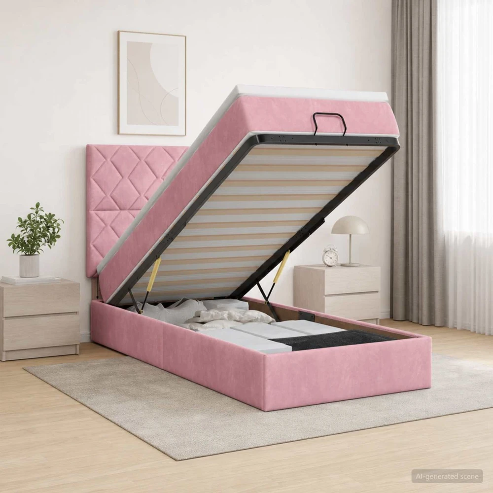 Otmana lova su matracsu ir LED Rožinė 90 x 190 cm Aksomas