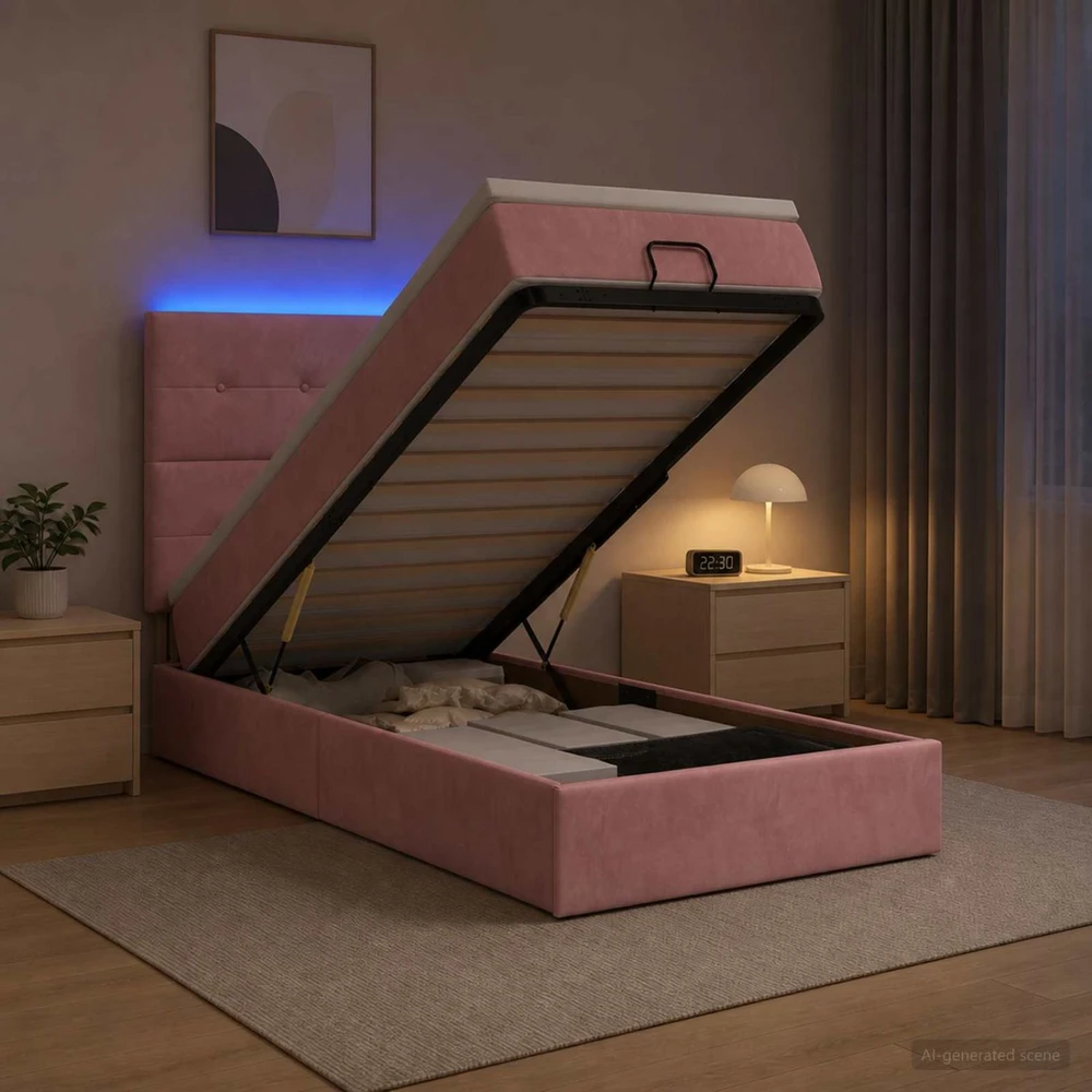 Otmana lova su matracsu ir LED Rožinė 90 x 190 cm Aksomas