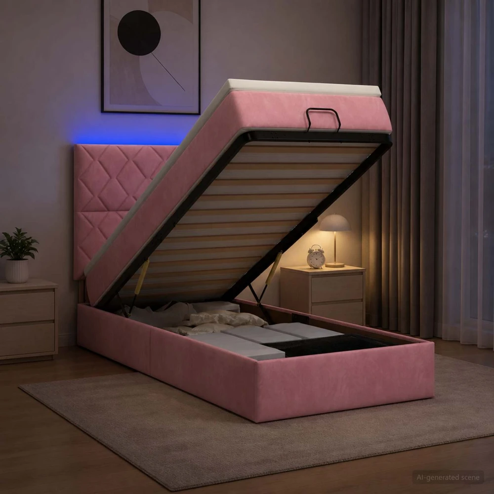 Otmana lova su matracsu ir LED Rožinė 90 x 190 cm Aksomas