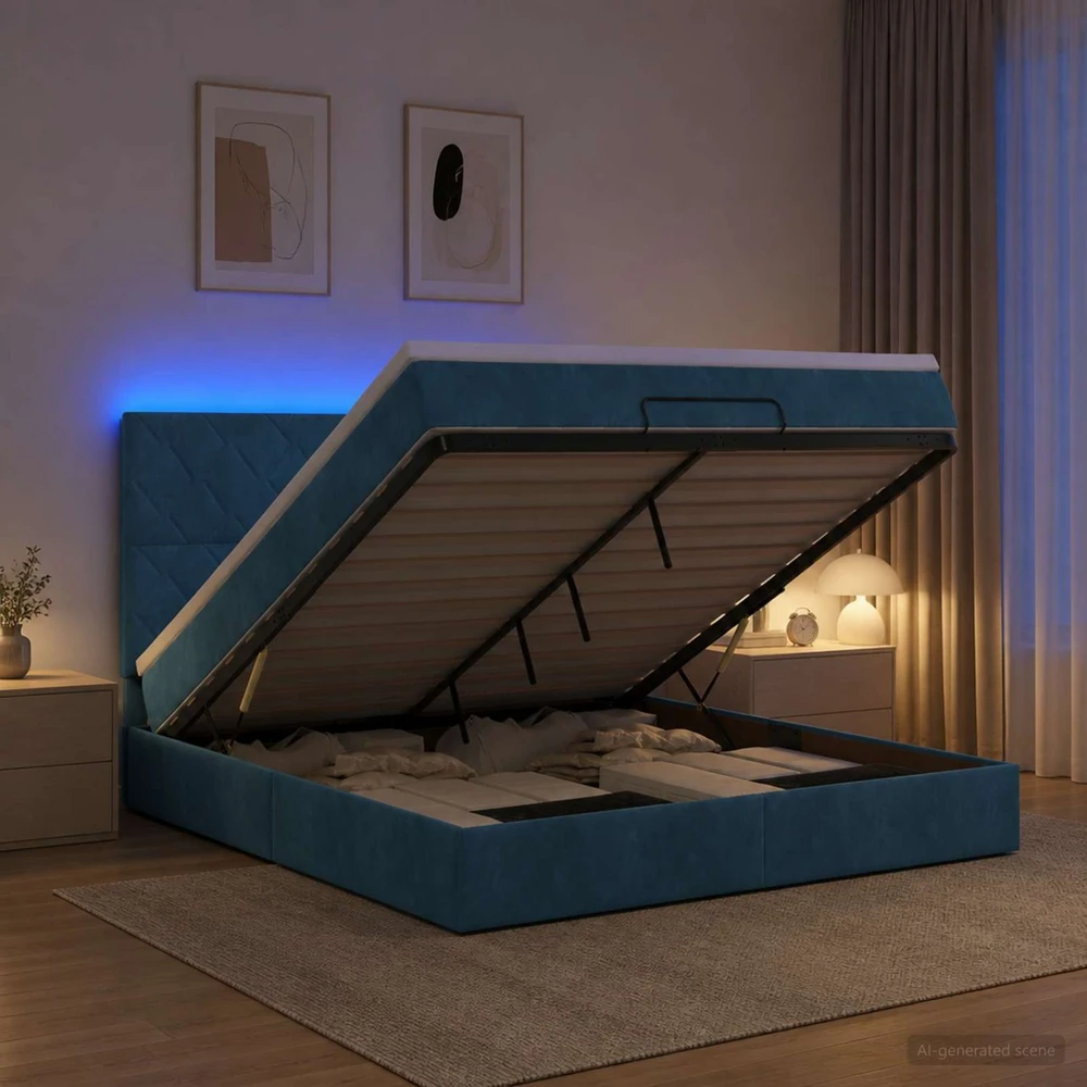 Otmana lova su matracsu ir LED Tamsi mėlyna 140 x 190 cm