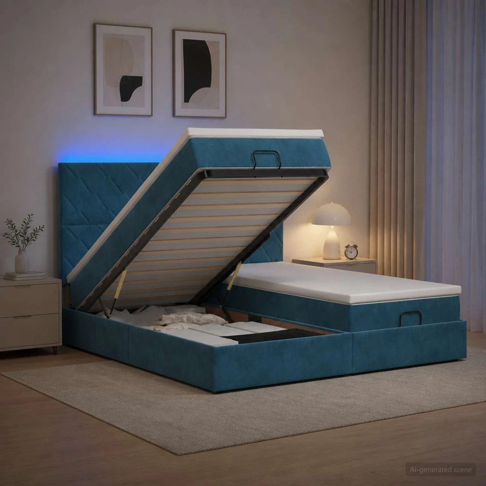 Otmana lova su matracsu ir LED Tamsi mėlyna 200 x 200 cm