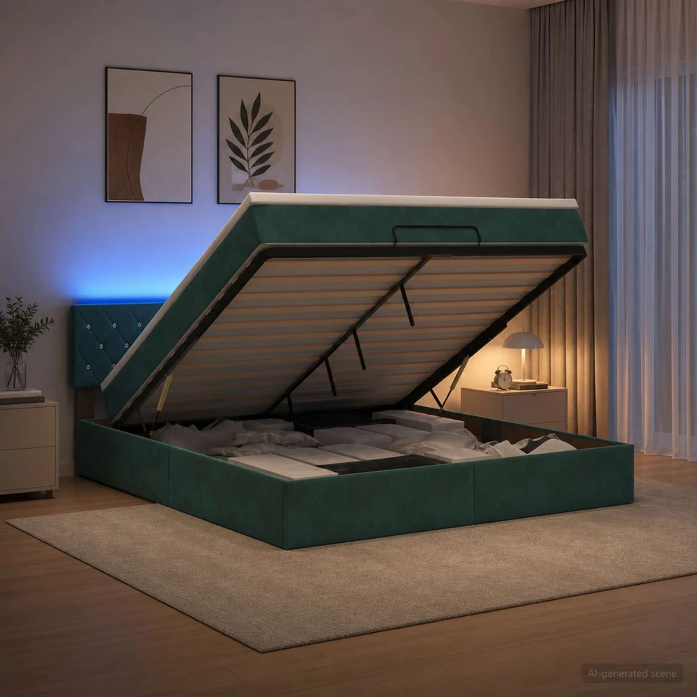 Otmana lova su matracsu ir LED Tamsiai žalia 140 x 190 cm