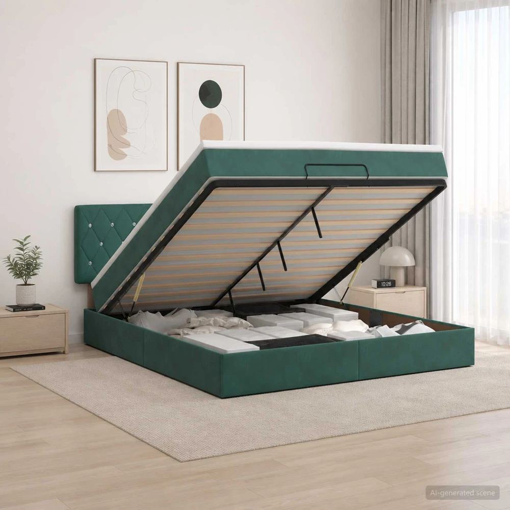 Otmana lova su matracsu ir LED Tamsiai žalia 140 x 190 cm