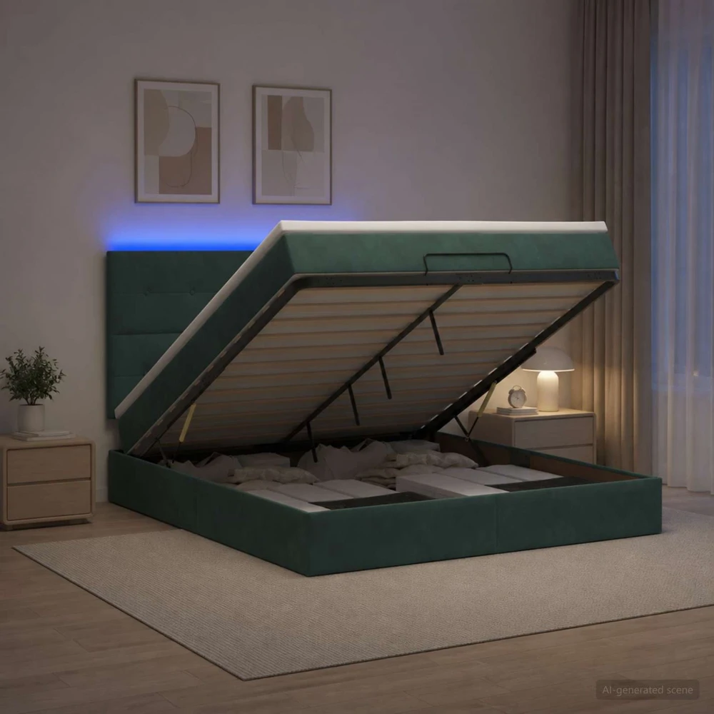 Otmana lova su matracsu ir LED Tamsiai žalia 140 x 190 cm