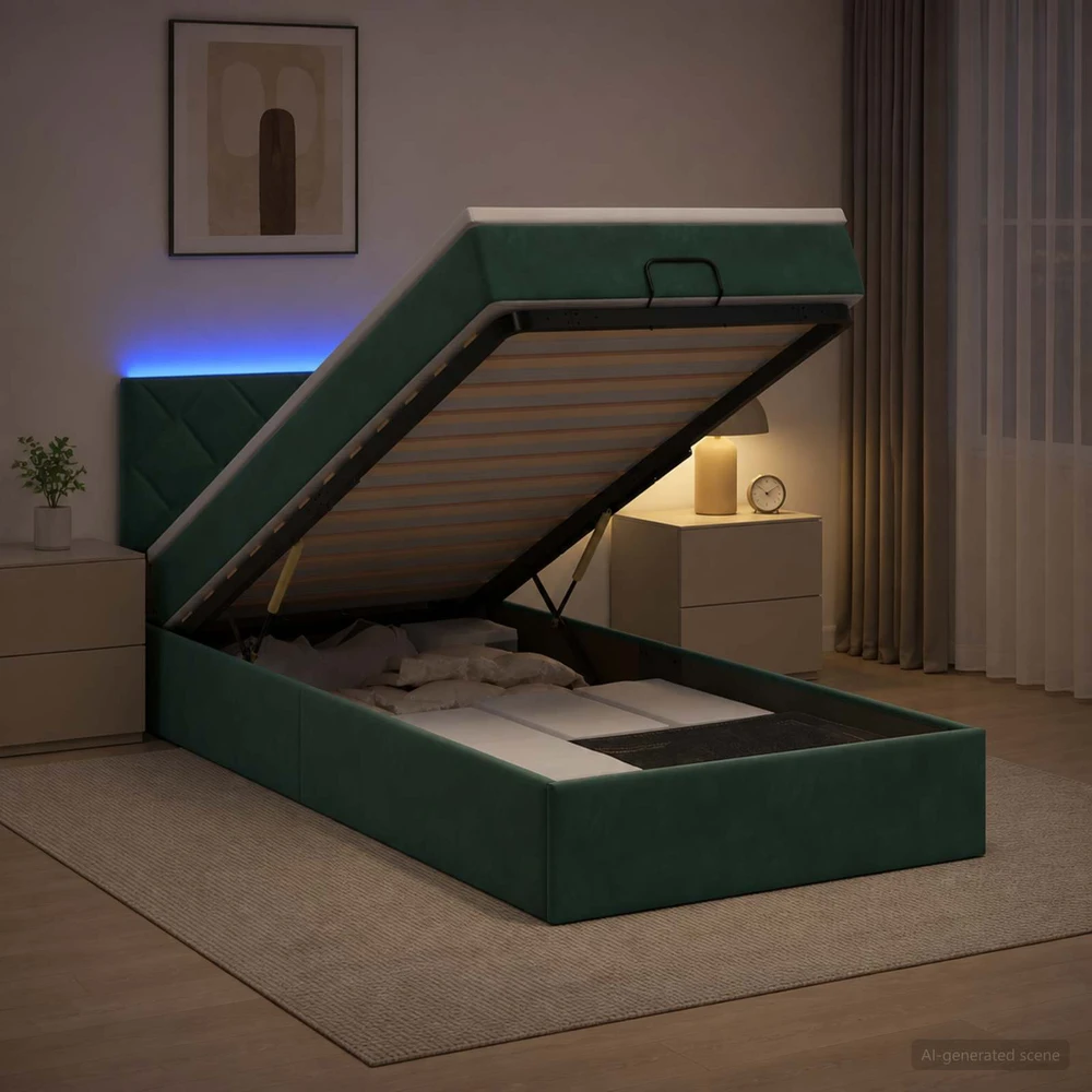 Otmana lova su matracsu ir LED Tamsiai žalia 90 x 190 cm