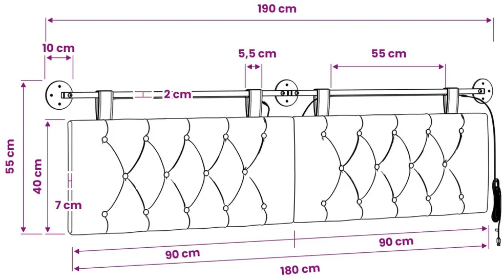 Pakabinamas lovos galvūgalis Su LED šviesa Vyno raudona Audinys