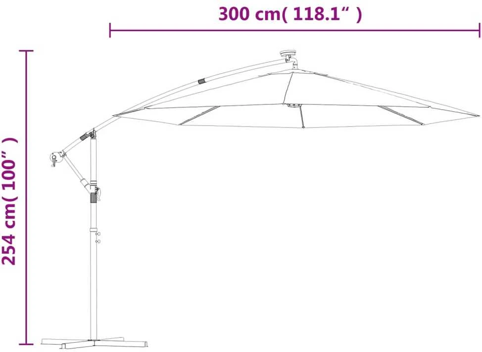 Pakabinamas skėtis su LED, smėlio, 300cm, metalinis kotas