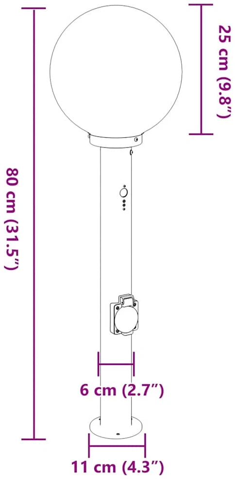 Pakabinamas šviestuvas Apsauginis šviestuvas su jutikliu ir lizdu, 80 cm, nerūdijantis plienas, IP44