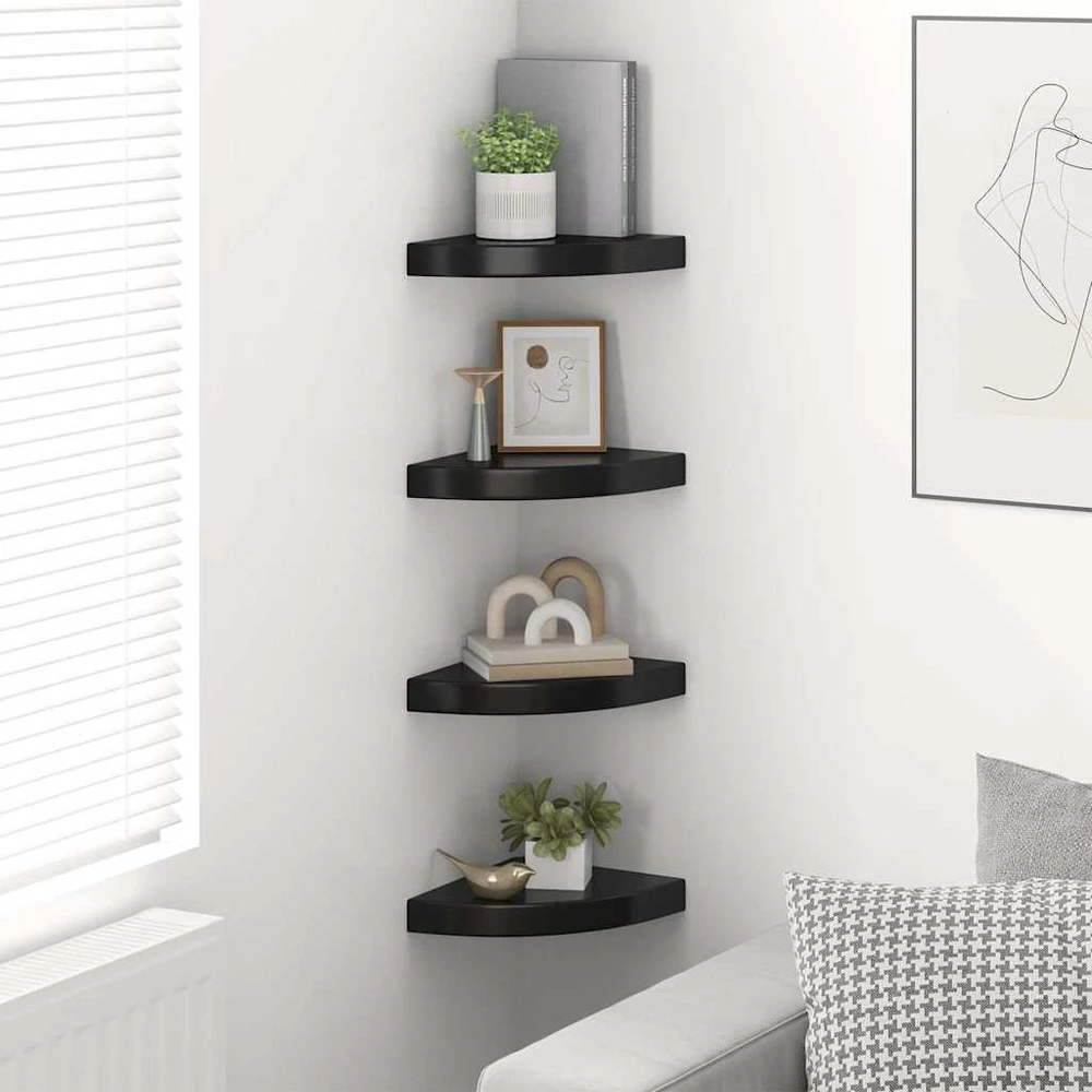 Pakabinamos kampinės lentynos, 4vnt., juodos, 25x25x3,8cm, MDF