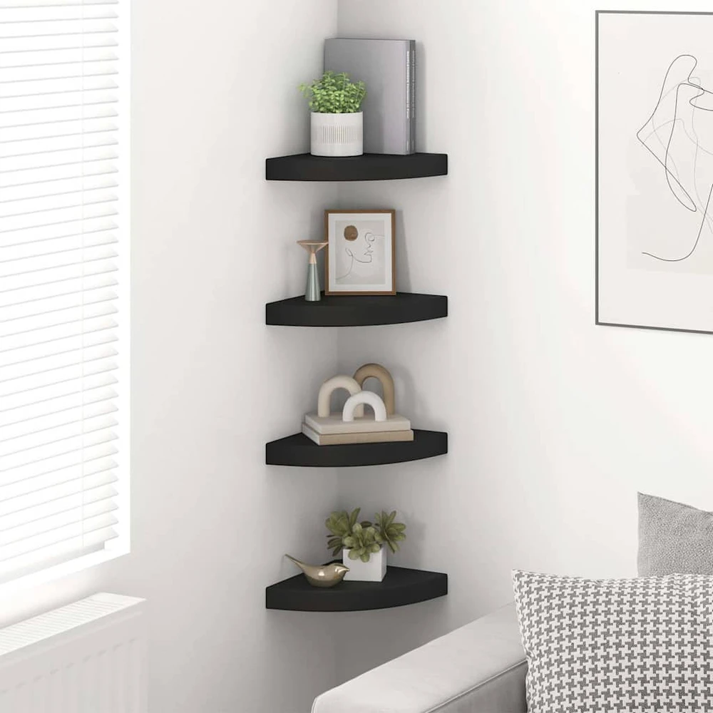 Pakabinamos kampinės lentynos, 4vnt., juodos, 25x25x3,8cm, MDF