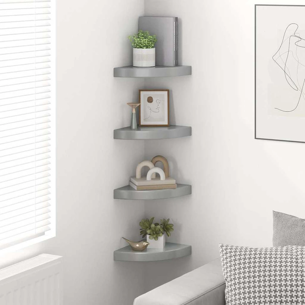 Pakabinamos kampinės lentynos, 4vnt., pilkos, 25x25x3,8cm, MDF