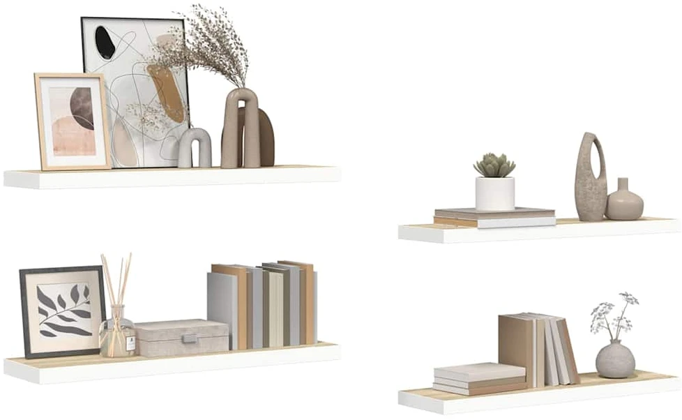Pakabinamos lentynos, 4vnt., ąžuolo/baltos, 80x23,5x3,8cm, MDF