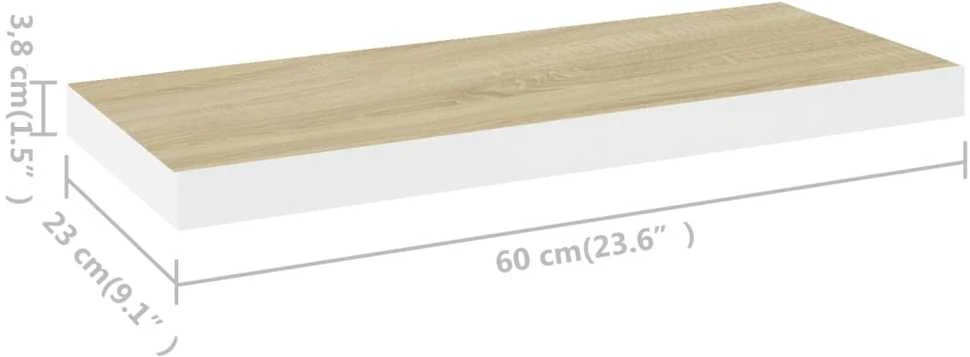 Pakabinamos lentynos, 4vnt., ąžuolo/baltos, 60x23,5x3,8cm, MDF