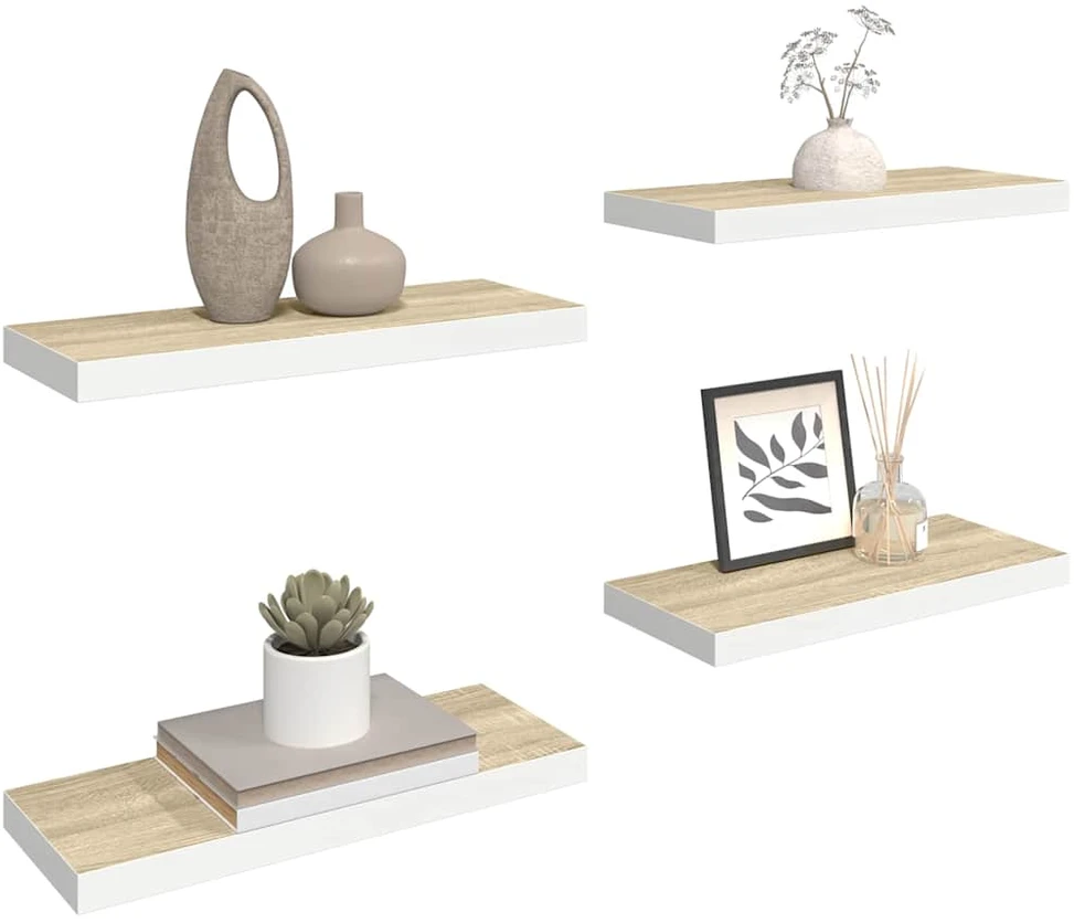Pakabinamos lentynos, 4vnt., ąžuolo/baltos, 60x23,5x3,8cm, MDF