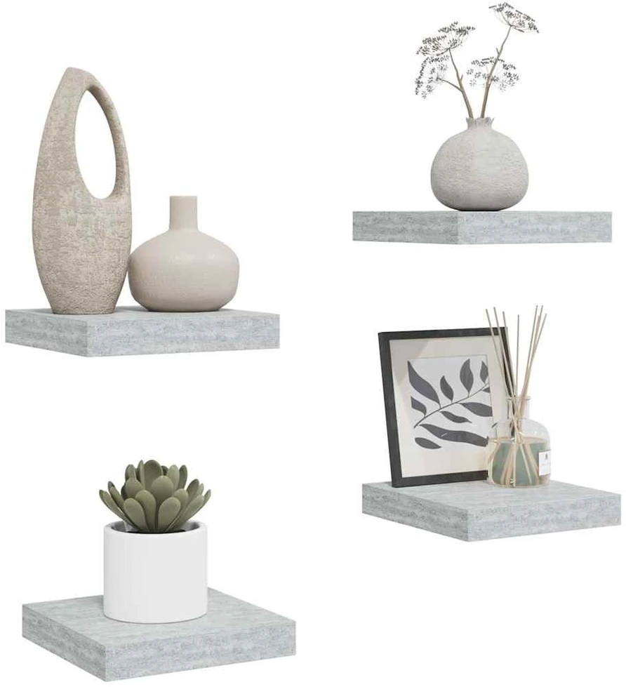 Pakabinamos lentynos, 4vnt., betono pilkos, 23x23,5x3,8cm, MDF