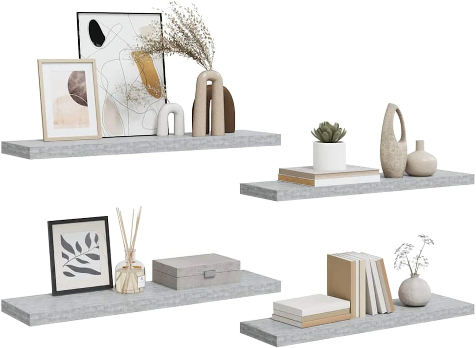 Pakabinamos lentynos, 4vnt., betono pilkos, 90x23,5x3,8cm, MDF