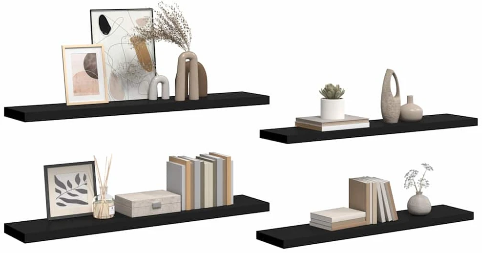 Pakabinamos lentynos, 4vnt., juodos, 120x23,5x3,8cm, MDF