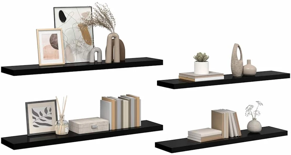 Pakabinamos lentynos, 4vnt., juodos, 120x23,5x3,8cm, MDF