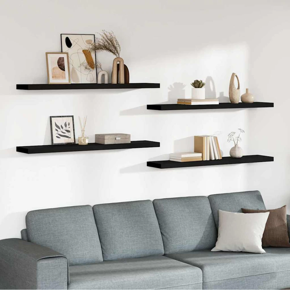 Pakabinamos lentynos, 4vnt., juodos, 120x23,5x3,8cm, MDF