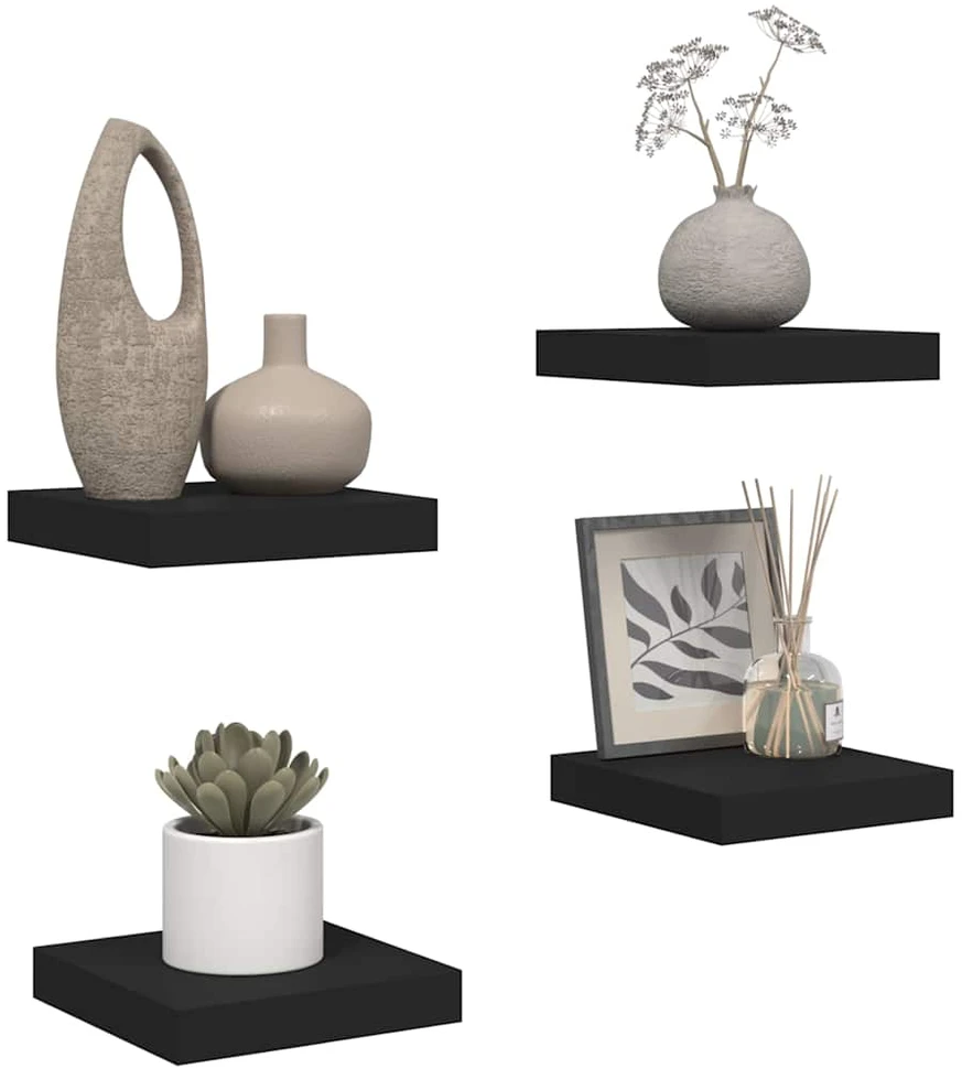 Pakabinamos lentynos, 4vnt., juodos, 23x23,5x3,8cm, MDF