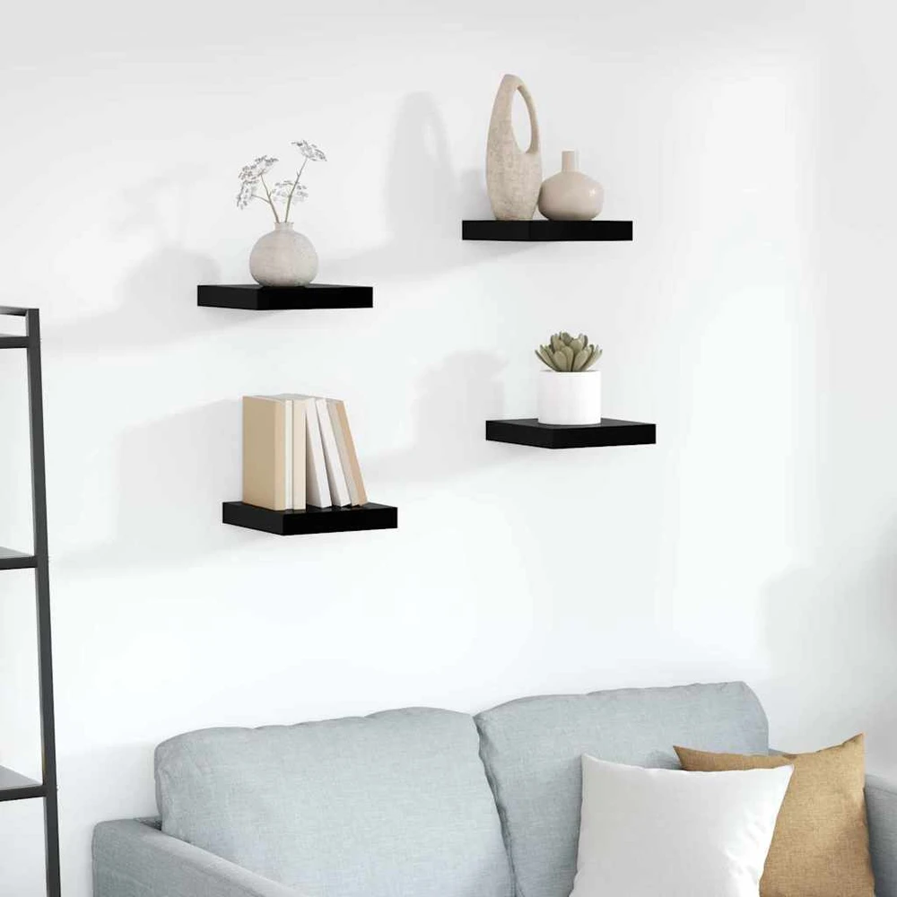 Pakabinamos lentynos, 4vnt., juodos, 23x23,5x3,8cm, MDF