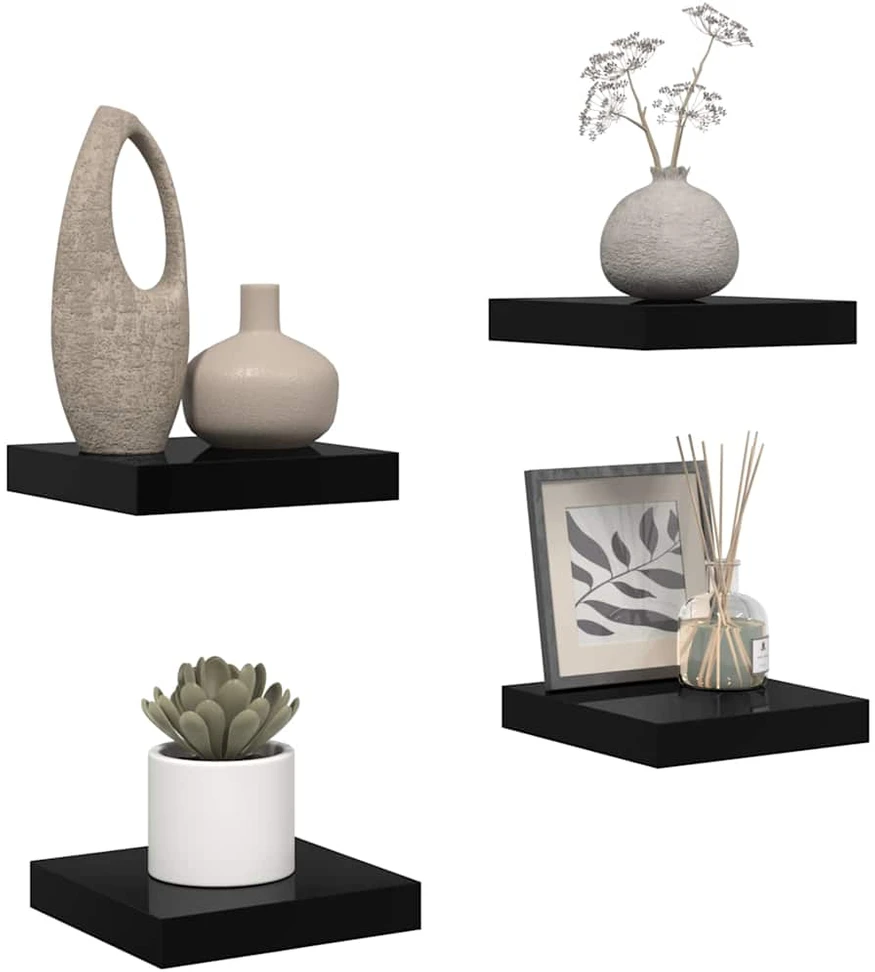 Pakabinamos lentynos, 4vnt., juodos, 23x23,5x3,8cm, MDF