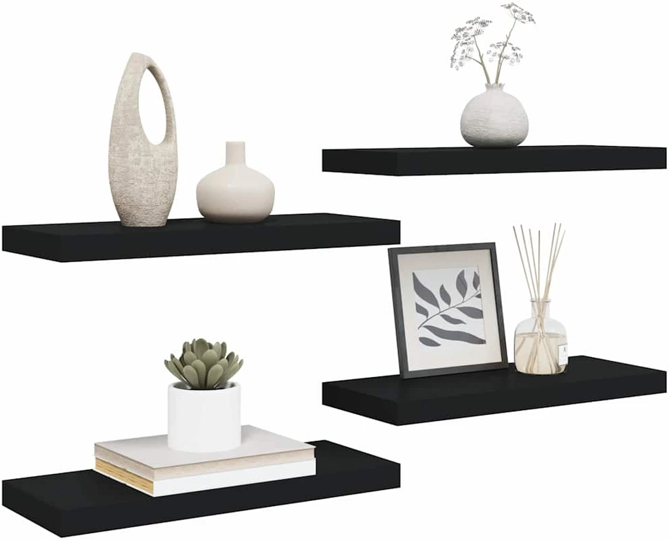 Pakabinamos lentynos, 4vnt., juodos, 60x23,5x3,8cm, MDF