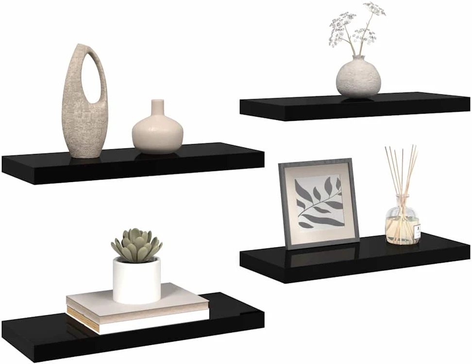 Pakabinamos lentynos, 4vnt., juodos, 60x23,5x3,8cm, MDF